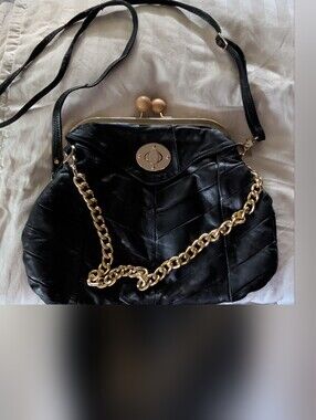 Leather Grandma Clutch with Detachable Gold Chain and Leather Strap